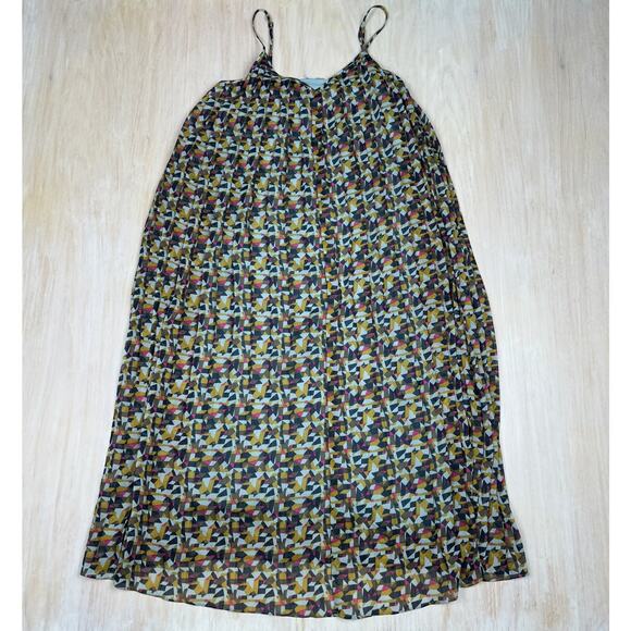 Fossil Multicolor Geometric Printed Trapeze Pleated Sleeveless Midi Dress Medium - Picture 1 of 14